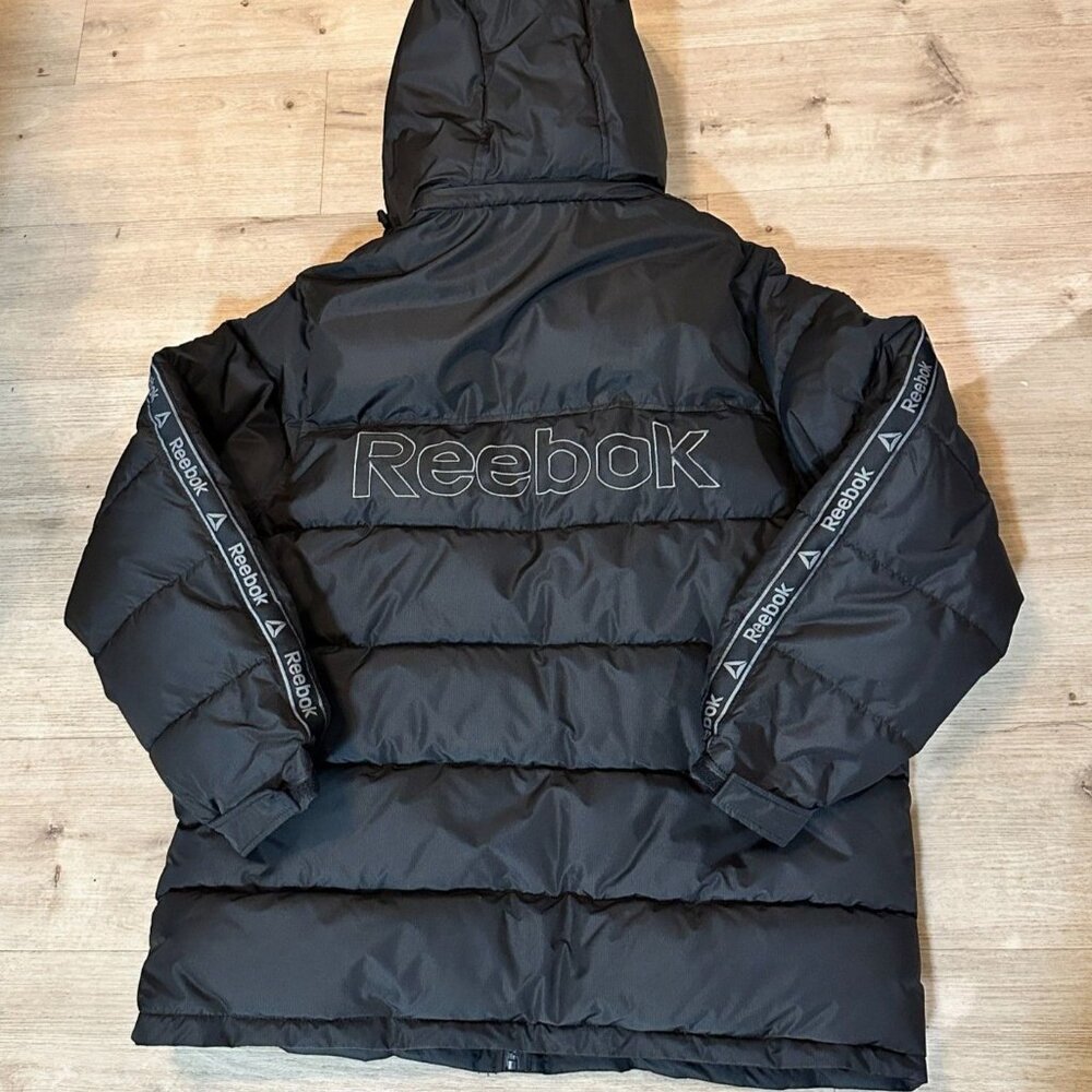 Reebok Men's Jacket XL Hooded Puffer Coat Spell Out Logo Heavy Weight Full Zip